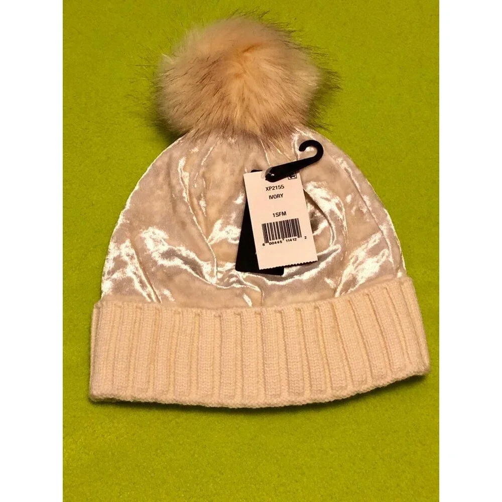 White Cream Ivory Velvet Pom Pom Beanie Hat Winter Gorpcore